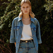 edition牛仔外套女夏新款大寬袖絲棉帥氣工裝牛仔襯衫夾克 牛仔藍色 S 160