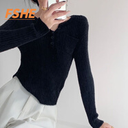 FSHE毛衣女秋冬2025新款水貂絨內搭軟糯設計感小眾短款毛絨打底針織衫 黑色 S