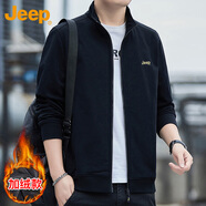 吉普（JEEP）衛(wèi)衣男春秋季休閑開衫外套男士寬松立領(lǐng)衣服男裝 黑色加絨 3XL 