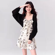 凡兔凡兔白色吊帶裙2024夏季新款法式顯瘦不規則小個(gè)子氣質(zhì)絕美連衣裙 黑色開(kāi)衫3S605 S建議85-100斤