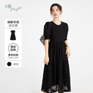 片斷連衣裙女夏季新款寬松泡泡袖圓領(lǐng)小眾印花小個(gè)子減齡長(cháng)裙 黑色 S 155/80A