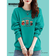 佤寶莉 WABAOLI小紅書推薦純棉圓領(lǐng)印花衛(wèi)衣女2025新款秋冬季女裝 孔雀藍(lán)春秋款 S
