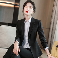 BILLIE GENE大學(xué)生西裝外套女職業(yè)正裝大碼套裝修身黑西服面試答辯工作小個(gè)子 黑色（外套+褲子+襯衫） L