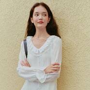 樂(lè )町荷葉邊V領(lǐng)襯衫裙小白裙長(cháng)袖蛋糕裙寬松A版連衣裙 白色（預售） S