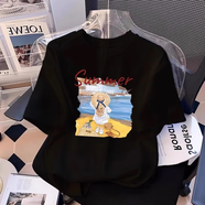 一寸相思夏季小貓短袖t恤女純棉2025新款設計感小眾減齡百搭半袖上衣體恤 黑色-海邊少女 XL 推薦125-145斤