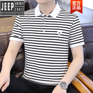 吉普（JEEP）高檔歐美式翻領拉鏈條紋t恤純棉短袖p0lo衫男裝夏季潮牌半袖T男士 813白色 L 適合110-125斤