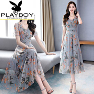 花花公子（PLAYBOY）今年新款冰絲裙子2025碎花雪紡紗裙氣質(zhì)連衣裙夏裝 灰色 金針玉葉 M 85-99斤
