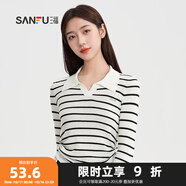 三福毛衣2024秋季側(cè)邊抽繩V字翻領(lǐng)毛針織衫上衣女裝490531 黑白條 S