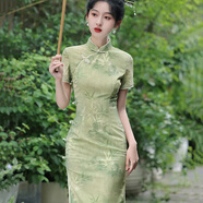 杜艷枝2025夏季新款 網(wǎng)紗印花長(cháng)款側八扣旗袍綠色竹葉節節高升高考旗袍 綠（ 胸有成竹） L (165) 100-110斤