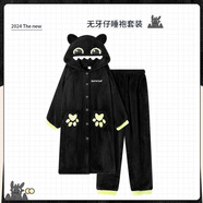 TULX大碼睡衣200斤史迪仔卡通秋冬季珊瑚絨長(cháng)款睡袍情侶網(wǎng)紅風(fēng)睡衣男 無(wú)牙崽單袍+褲子 加厚   男女同款 y78 2XL 170-200斤【高品質(zhì)絨】