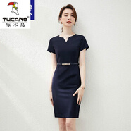 啄木鳥(niǎo)工作服女夏連衣裙高貴優(yōu)雅氣質(zhì)名媛高端包臀售樓部處工裝 藏青色款短袖 藍色腰帶 M 98-108斤