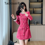 TAOROUSI粗花呢連衣裙女春秋季新款女裝法式名媛氣質(zhì)拼接長(zhǎng)袖短裙子冬天 樹莓粉 XL