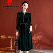 皮爾卡丹（pierre cardin）官方高端國風媽媽裝真絲絨連衣裙女秋冬新款刺繡立領真絲金絲絨裙 品牌旗艦墨綠色 L