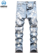 結盟者春夏復古拼接破洞貼布牛仔褲男士刺繡修身小腳褲男彈力繡花長(cháng)褲子 SS_3320_AM 34