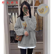 RLAS鯊魚(yú)褲搭配的衛(wèi)衣棉體恤女遮臀假兩件長(zhǎng)款長(zhǎng)袖t恤女遮屁股上衣 灰色(金色愛(ài)心米奇)【加絨加厚】 L 105-125斤