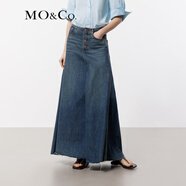 MO&Co.牛仔半身裙夏棉質(zhì)中低腰疊褶長(cháng)款剪邊精裁前短后長(cháng)摩安珂 牛仔藍色 M 165