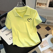 妃麗慕尚大碼女裝時(shí)尚刺繡polo領(lǐng)短袖t恤夏季200斤微胖mm寬松遮肚短款上衣 142黃綠色有少許色差 L 建議100-115斤