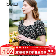 百圖betu女裝夏季新款連衣裙優(yōu)雅花卉方領(lǐng)荷葉邊連衣裙女2303T87 黑色 L