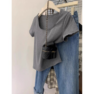 嬌茹妮體恤正肩設計大領(lǐng)口短袖t恤女夏季U領(lǐng)上衣2024辣妹新款夏裝打底衫 灰色 M