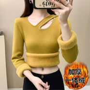 喜圣多打底衫女低領(lǐng)毛衣秋冬季打底加絨加厚一體絨斜領(lǐng)內(nèi)搭針織衫修身 黃色 M 95-105斤