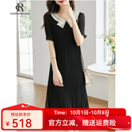 clotho Rennie品牌女裝短袖連衣裙女2025夏季新款時(shí)尚減齡娃娃領(lǐng)遮肉顯瘦百褶裙 黑色 L