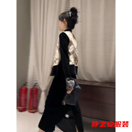 瑪菲萱新中式國風(fēng)女裝新款今流行漂亮小香風(fēng)馬甲套裝絲絨連衣裙女 馬甲+連衣裙 L 建議110-120斤