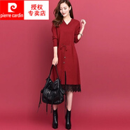 皮爾卡丹（pierre cardin）2025秋冬季新款毛衣裙長(zhǎng)款過(guò)膝長(zhǎng)袖針織打底衫顯瘦蕾絲連衣裙女 紅色 3XL