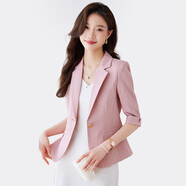 特洛曼七分袖小西裝外套女薄款休閑2024春夏季短款小個子中袖西服粉色