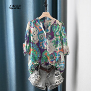 QEAE潮牌文藝民族風(fēng)印花蝙蝠袖襯衫女2024夏季新款寬松顯瘦V領(lǐng)襯衣 綠色印花 均碼