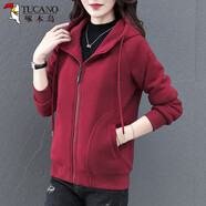 啄木鳥(niǎo)加絨加厚衛衣外套女開(kāi)衫秋冬2025年新款中年好棉長(cháng)袖連 酒紅色 4XL 建議145-160斤