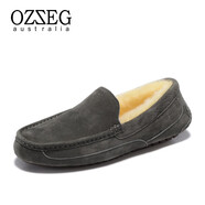 OZZEG澳洲豆豆鞋男士冬季休閑棉鞋保暖加絨羊皮毛一體磨砂駕車(chē)真皮鞋 灰色 39