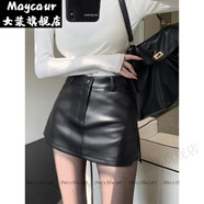 MaycaurPU皮色半開(kāi)叉包臀半身裙女2024冬季新款辣妹風(fēng)高腰防走光短裙褲 黑色半開(kāi)叉裙褲 M