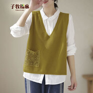 子牧棉麻秋裝 女韓版背心外穿V領(lǐng)針織鏤空馬甲寬松純色坎夾上衣2312 黃色 均碼（建議90-145斤）