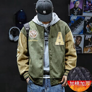 真維斯（Jeanswest）刺繡男士棒球服外套男秋冬季仿麂皮飛行員美式復古夾克衣服男裝 綠色加棉 4XL 適合195斤-210斤