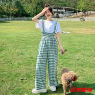tromlfz淺綠色格子背帶褲夏季女新款韓版寬松設計感高腰闊腿褲套裝 淺綠色背帶褲+ S
