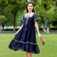 方糖姑娘學(xué)院風(fēng)連衣裙初中生少女夏季2025新款大童高中生甜美學(xué)生胖mm顯瘦 24251LX藏青色連衣裙 XL