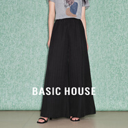 Basic House/百家好水墨印花垂感闊腿褲夏慵懶度假風(fēng)高腰松緊長(cháng)褲 黑色 M