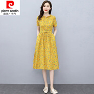 皮爾卡丹（pierre cardin）23年新款碎花棉麻連衣裙女夏收腰顯瘦遮肚氣質(zhì)中長(cháng)款裙子減齡短袖 黃色 2XL 建議【127-138斤】