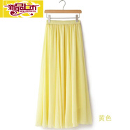 初徑新款夏季半身裙女白色高腰A字中長(cháng)大擺跳舞裙純色紅色長(cháng)裙子 嫩黃色（1306/雙層有內襯） 裙長(cháng)90cm 適合身高158-165
