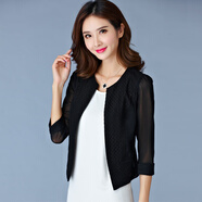 短外套女夏裝新款韓版修身短款百搭網(wǎng)紗小披肩外套七分袖小衫衣 黑色 XL