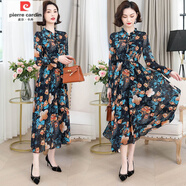 皮爾卡丹（pierre cardin）秋裝碎花長袖連衣裙女新款顯瘦時(shí)尚氣質(zhì)荷葉領(lǐng)雪紡印花裙長款 天藍(lán)色 3XL