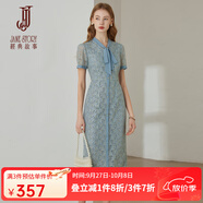 經(jīng)典故事（JANE STORY）法式泡泡袖連衣裙女2025新款夏季獨特漂亮系帶領(lǐng)裙子鏤空蕾絲長(cháng)裙 藍金色 M