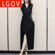 LGOV女裝旗艦店連衣裙2025新款夏季黑色氣質(zhì)名媛V領(lǐng)流行中長(cháng)款雪紡收腰開(kāi)叉裙子 圖片色 M