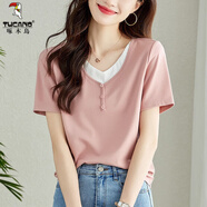 啄木鳥(niǎo)棉短袖t恤女夏裝2025新款夏季假兩件上衣設計v領(lǐng)上衣女體恤 粉色 L【建議100斤-115斤】