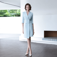 洋氣優(yōu)雅藍色職業(yè)七分袖連衣裙女氣質(zhì)雙排扣修身白領(lǐng)OL西裝裙 [七分袖]藍色連衣裙 S