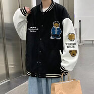 NASALIKE美式潮牌棒球服男春秋季情侶bf刺繡夾克男復(fù)古寬松機(jī)車休閑外套男 藍(lán)-T176【黑色】 XL