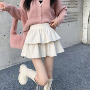 XEQUCCN超短裙露出百褶裙半身裙女秋冬2024韓版腰顯瘦小個(gè)子毛呢蛋糕蓬蓬 杏色 S