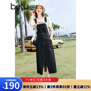 百圖betu女裝春夏新款背帶裙減齡設(shè)計感開叉牛仔背帶裙女2403D10 深牛仔藍 M