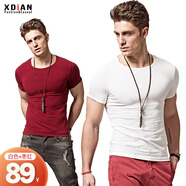 續點(diǎn) 短袖t恤男 純色運動(dòng)夏季休閑緊身圓領(lǐng)上衣白色修身衣服男士T恤衫 白色+棗紅（兩件裝） L (170) （120-135斤左右）