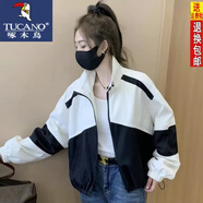 啄木鳥短款外套女短款23秋季新款小個子休閑百搭寬松拼色棒球服上衣 白色 M【建議85-100斤】